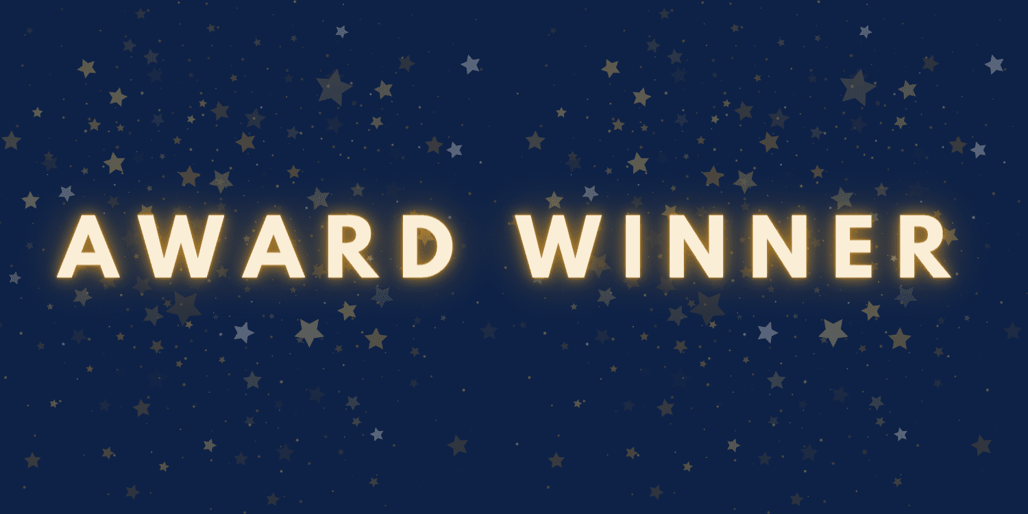 Glowing yellow text "AWARD WINNER" on a starry blue background.
