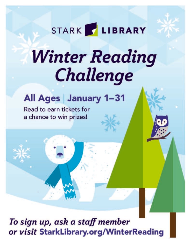 Winter Reading Challenge flyer with a polar bear, owl, and trees.